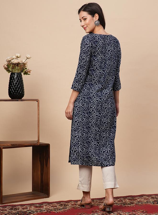 Globus Blue Bandhani Print Straight Kurta - Image 3