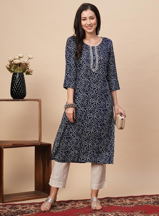 Globus Blue Bandhani Print Straight Kurta - Image 1