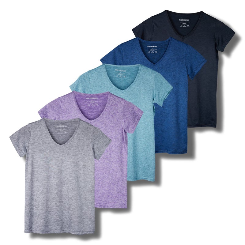 REALESSENTIALS Real Essentials 5 Pack: Women's Dry Fit Short Sleeve V Neck Workout Top - Fitness Pilates Gym Athletic Yoga T-Shirt (Plus Available), Set 1, S - Image 1