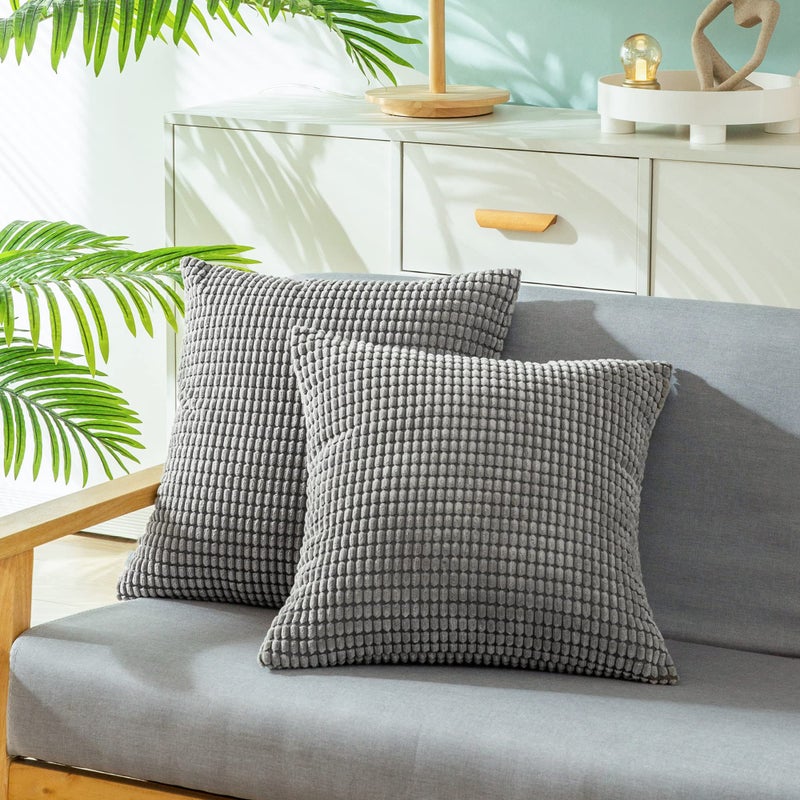 CaliTime Throw Pillow Covers Pack of 2 Comfy Corduroy Corn Striped Waffle Decorative Cushion Cases for Couch Sofa Bed Farmhouse 26 X 26 Inches Medium Grey - Image 1
