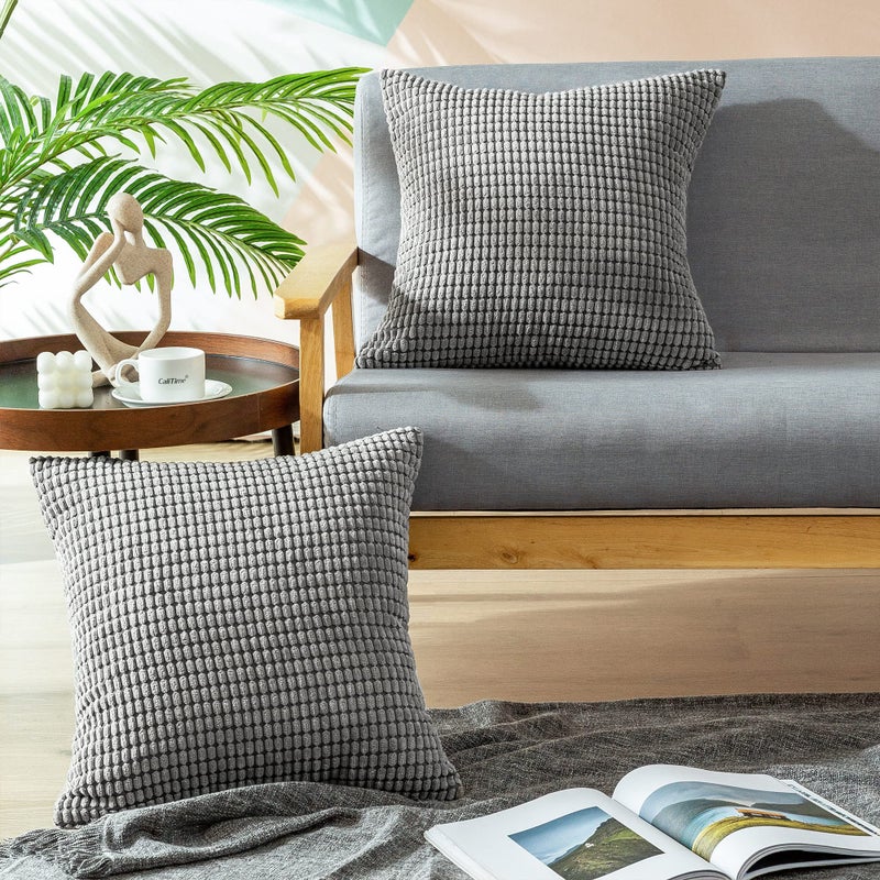 CaliTime Throw Pillow Covers Pack of 2 Comfy Corduroy Corn Striped Waffle Decorative Cushion Cases for Couch Sofa Bed Farmhouse 26 X 26 Inches Medium Grey - Image 2