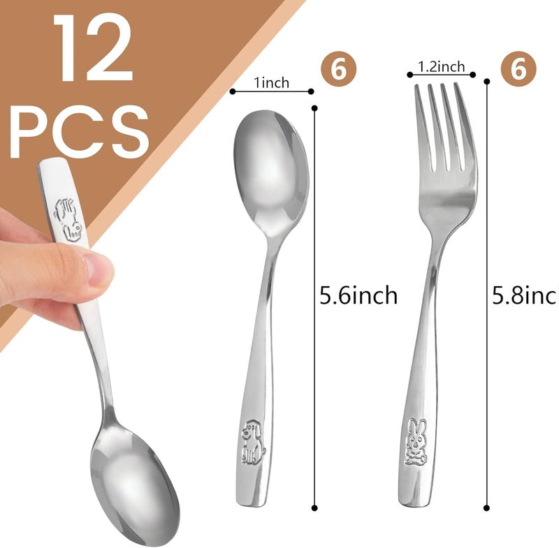 HAKSEN مجموعة أدوات الطعام للأطفال من HAKSEN من الفولاذ المقاوم للصدأ 12 قطعة آمنة للأطفال مع شوك وملاعق بتصميم أرنب وجرو مصقولة بمرآة آمنة للغسالة - Image 2