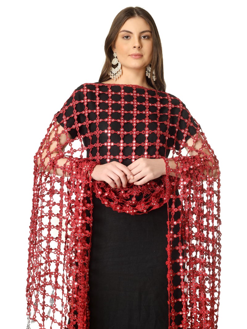 A R Silk DUPATTA HUB Women's Foil Mirror Work With Hand Made Tassels Red Fancy and Bridal Dupatta(ARS01235) - Image 5