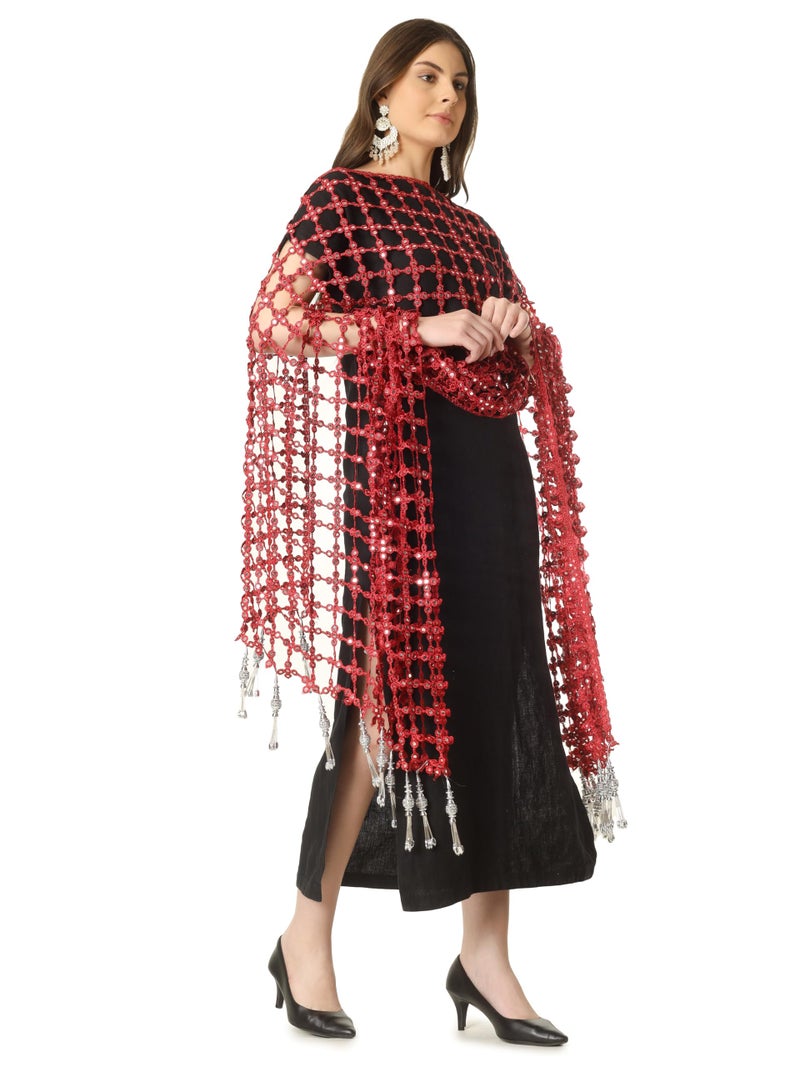 A R Silk DUPATTA HUB Women's Foil Mirror Work With Hand Made Tassels Red Fancy and Bridal Dupatta(ARS01235) - Image 4