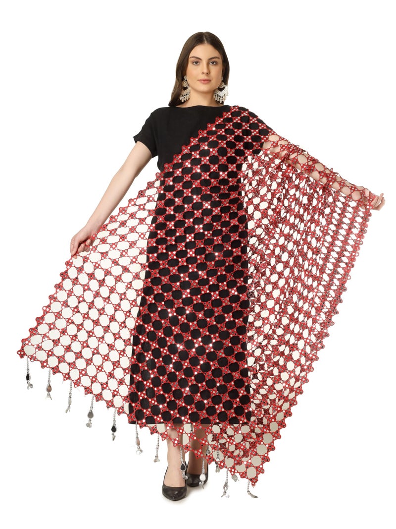 A R Silk DUPATTA HUB Women's Foil Mirror Work With Hand Made Tassels Red Fancy and Bridal Dupatta(ARS01235) - Image 1