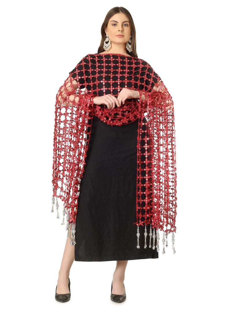 A R Silk DUPATTA HUB Women's Foil Mirror Work With Hand Made Tassels Red Fancy and Bridal Dupatta(ARS01235) - Image 3