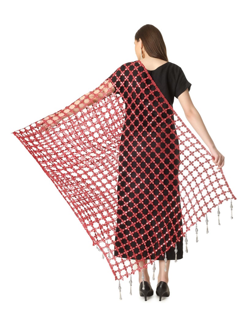 A R Silk DUPATTA HUB Women's Foil Mirror Work With Hand Made Tassels Red Fancy and Bridal Dupatta(ARS01235) - Image 2