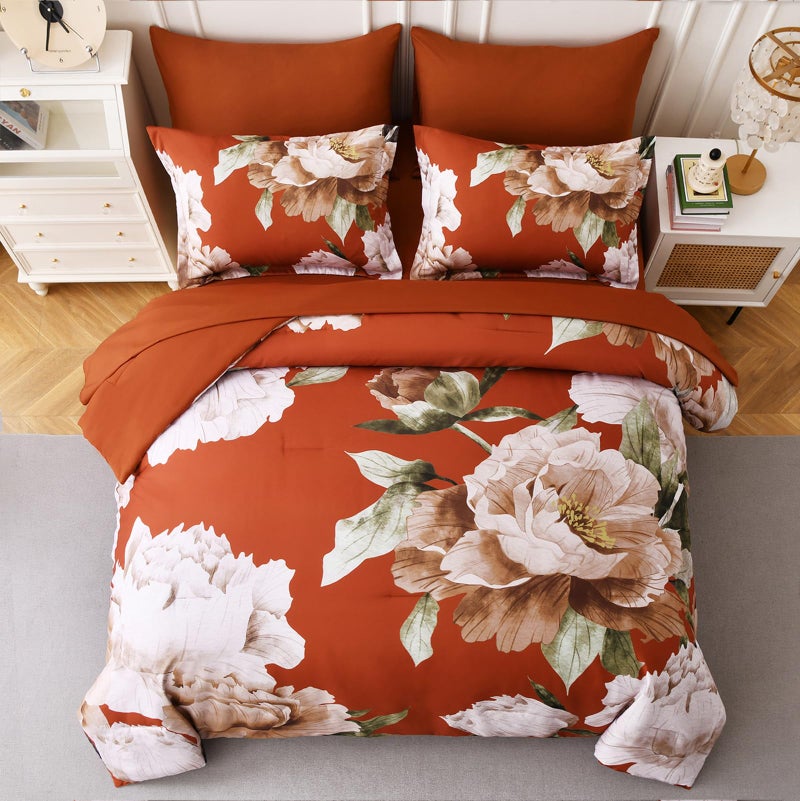 Dobuyly Burnt Orange Comforter Set Queen 7 Piece Bed in a Bag, Floral Printed on Terracotta Comforter Set with Sheets, Soft Microfiber Botanical Fall Bedding Set for All Season - Image 3