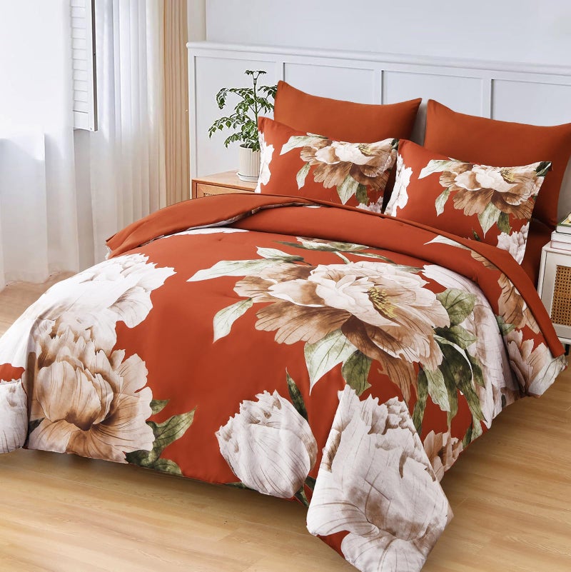 Dobuyly Burnt Orange Comforter Set Queen 7 Piece Bed in a Bag, Floral Printed on Terracotta Comforter Set with Sheets, Soft Microfiber Botanical Fall Bedding Set for All Season - Image 2
