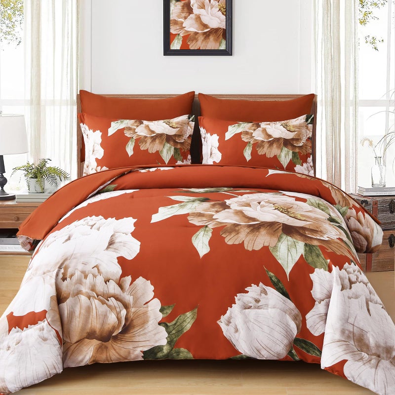 Dobuyly Burnt Orange Comforter Set Queen 7 Piece Bed in a Bag, Floral Printed on Terracotta Comforter Set with Sheets, Soft Microfiber Botanical Fall Bedding Set for All Season - Image 1