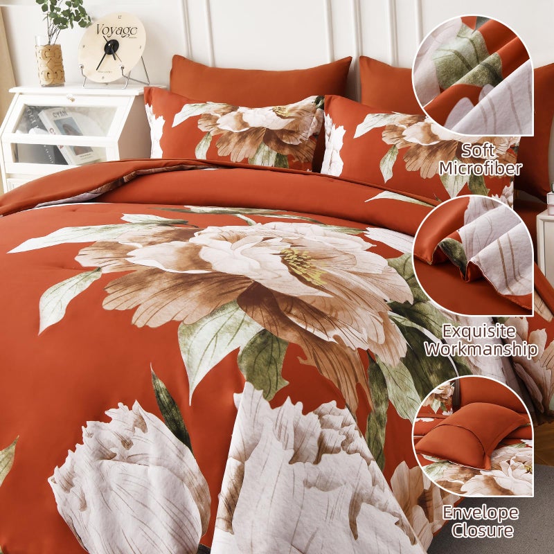 Dobuyly Burnt Orange Comforter Set Queen 7 Piece Bed in a Bag, Floral Printed on Terracotta Comforter Set with Sheets, Soft Microfiber Botanical Fall Bedding Set for All Season - Image 4
