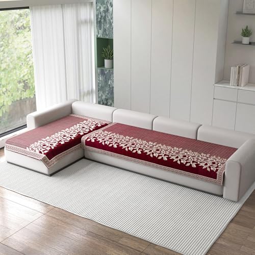 Nendle Superior Velvet Floral Sofa Mat 5 Seater Set Durable Protector for Living Room Mat 3 Seater and 2 Seater, Suitable for L Shape, Sectional and U Shape Sofa (Maroon Pack of 2) - Image 1