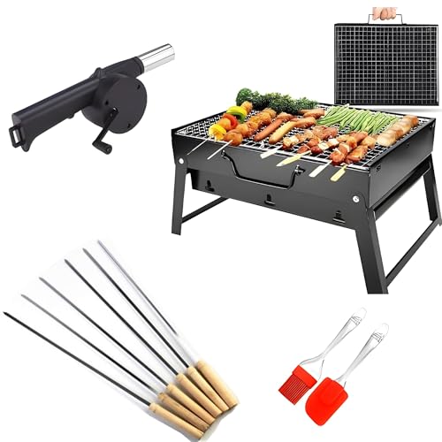 GTC Stellar Black Foldable Charcoal Barbeque Grill Set with 6 Skewers, 2 Spatulas & 1 Air Blower Portable Outdoor Grilling Kit for Camping, Hiking, Picnics & Travel (179-1, 179-14, 723-4, BBQ-65) - Image 1