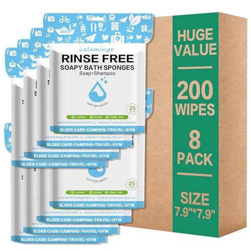 Lalamingo 8 Pack Disposable Rinse Free Bath Sponges, No Rinse Bathing Wipes for Adults, Soap Infused Dry Shower Wipes for Elderly, Bedridden, Camping, Post Surgery(200PCS) - Image 1