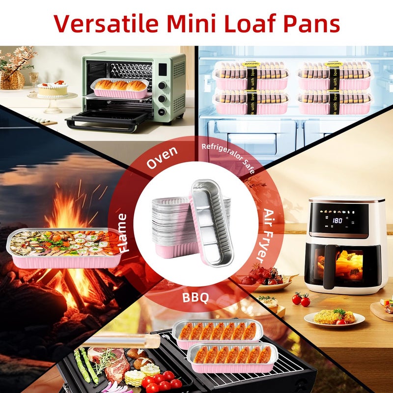 Orlashop 30 Pack Pink Disposable Rectangular Aluminum Foil Loaf Pans with Lids,6.8oz Mini Cake Pans for Baking, Loaf Baking Pans, Small Cake Container - Image 2