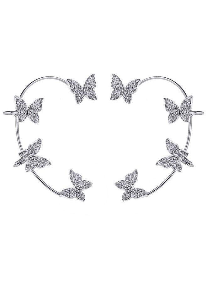 Unique 1 PairButterfly Ear Cuff Earrings for Women No Piercing Butterfly Ear Clip Wrap Around Fake Earrings Ear Wrap Crawler Rhinestone Wrap Earrings for Girls(Silvery )  - Image 1