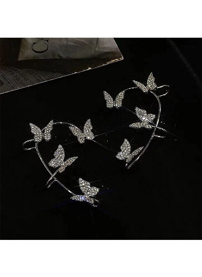 Unique 1 PairButterfly Ear Cuff Earrings for Women No Piercing Butterfly Ear Clip Wrap Around Fake Earrings Ear Wrap Crawler Rhinestone Wrap Earrings for Girls(Silvery )  - Image 4