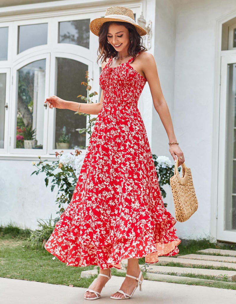 GRACE KARIN Women's 2026 Summer Floral Boho Dress Square Neck Strapped Swing A Line Sundress Beach Long Maxi Outfits Red 2XL - Image 3