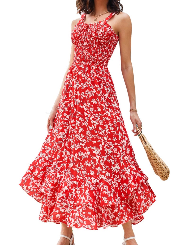 GRACE KARIN Women's 2026 Summer Floral Boho Dress Square Neck Strapped Swing A Line Sundress Beach Long Maxi Outfits Red 2XL - Image 1