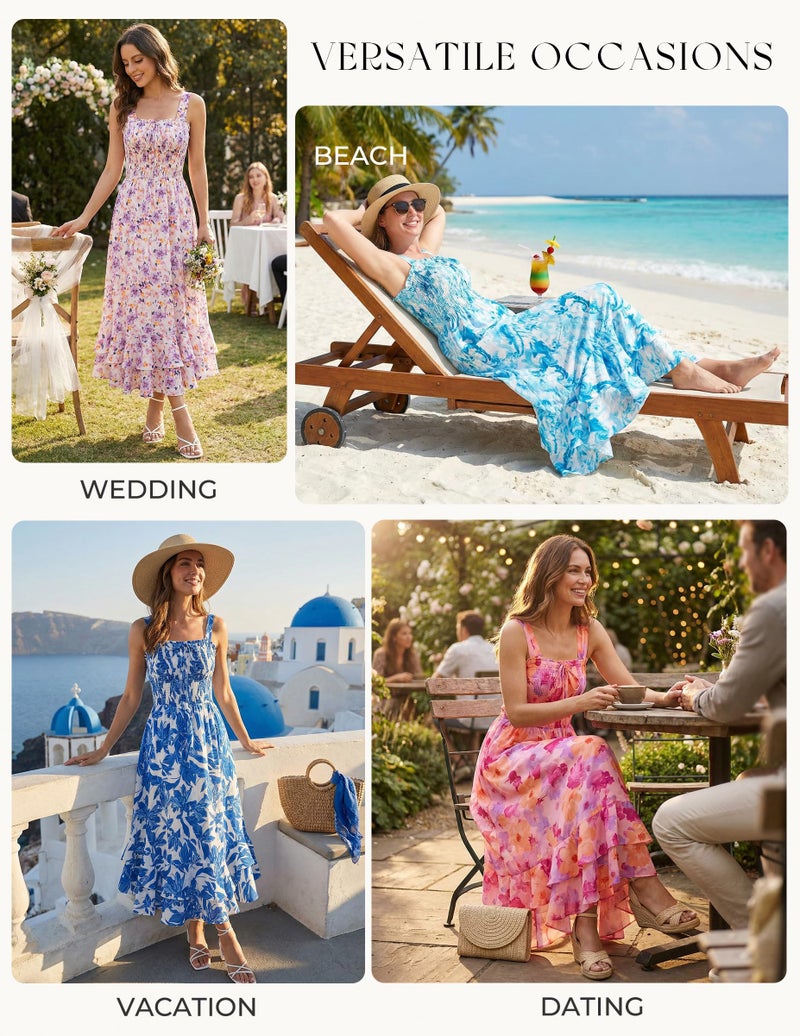 GRACE KARIN Women's 2026 Summer Floral Boho Dress Square Neck Strapped Swing A Line Sundress Beach Long Maxi Outfits Red 2XL - Image 5