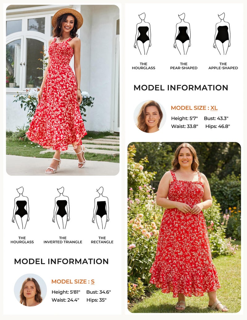 GRACE KARIN Women's 2026 Summer Floral Boho Dress Square Neck Strapped Swing A Line Sundress Beach Long Maxi Outfits Red 2XL - Image 4