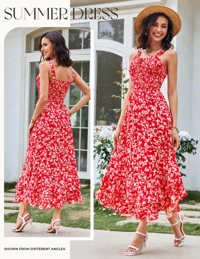 GRACE KARIN Women's 2026 Summer Floral Boho Dress Square Neck Strapped Swing A Line Sundress Beach Long Maxi Outfits Red 2XL - Image 2