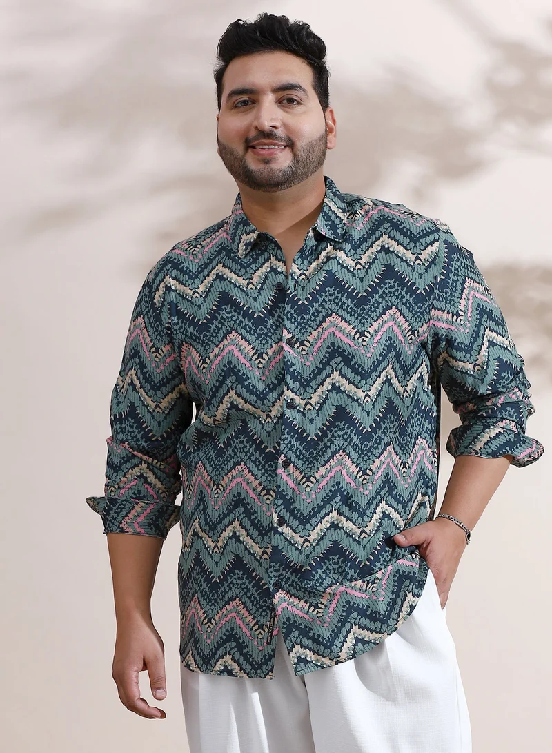 Instafab Plus Instafab Plus Men's Olive Green EcoLiva Abstract Zig Zag Shirt For Casual Wear | Spread Collar | Long Regular Sleeves | Button Closure | Plus Size Shirt Crafted With Comfort Fit For Everyday Wear