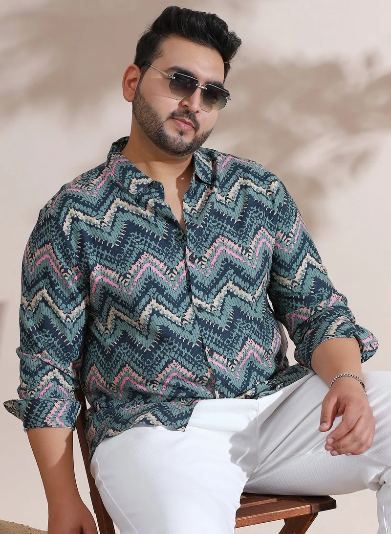 Instafab Plus Instafab Plus Men's Olive Green EcoLiva Abstract Zig Zag Shirt For Casual Wear | Spread Collar | Long Regular Sleeves | Button Closure | Plus Size Shirt Crafted With Comfort Fit For Everyday Wear