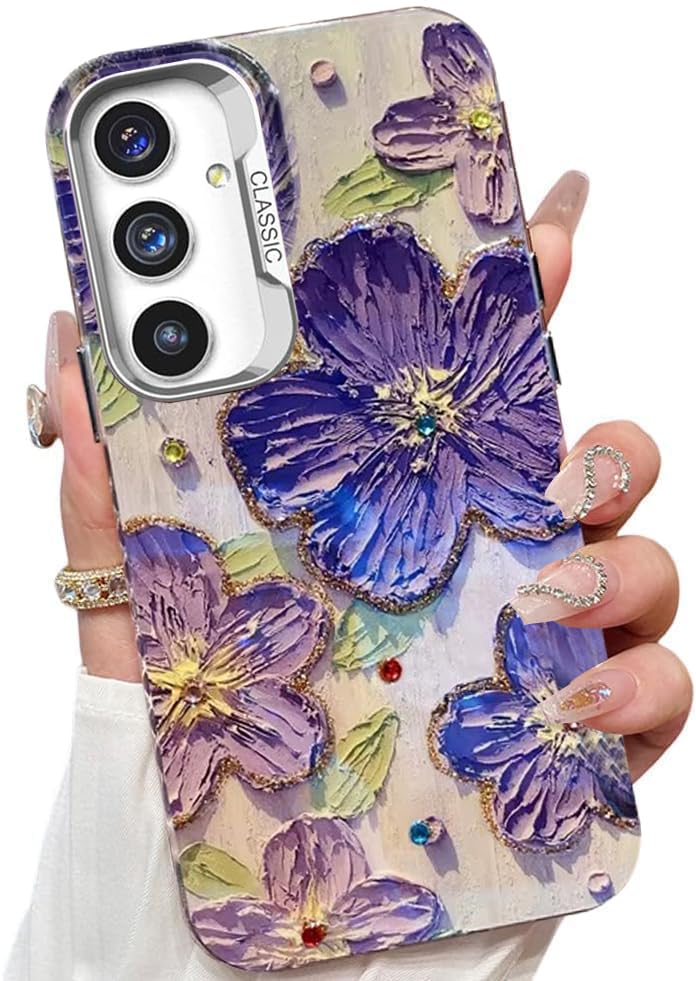 Elzzi حافظة متوافقة مع سامسونج S24 FE 5G بتصميم زهرة ليزر زيتية ملونة جميلة مع حماية كاملة للكاميرا، صدمة PC+TPU غلاف لامع للبنات والنساء، بنفسجي - Image 1