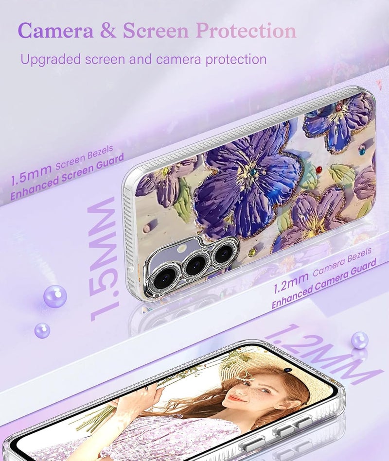 Elzzi حافظة متوافقة مع سامسونج S24 FE 5G بتصميم زهرة ليزر زيتية ملونة جميلة مع حماية كاملة للكاميرا، صدمة PC+TPU غلاف لامع للبنات والنساء، بنفسجي - Image 2