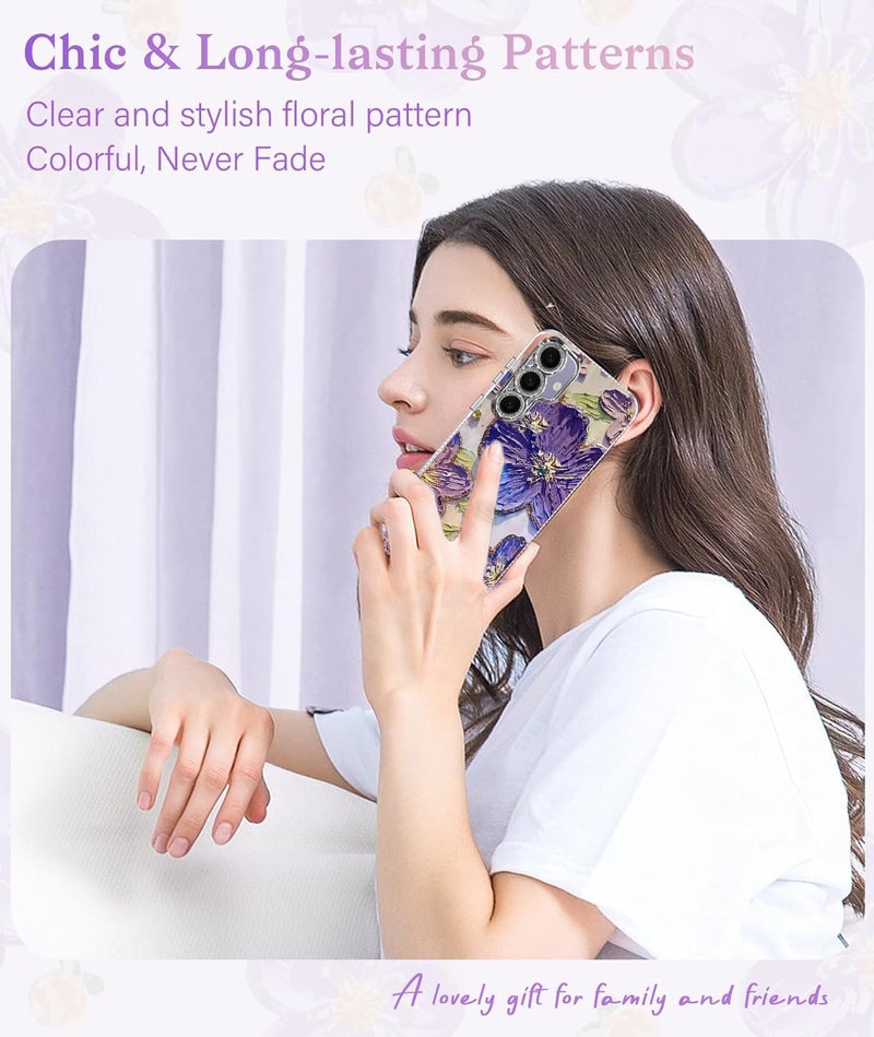 Elzzi حافظة متوافقة مع سامسونج S24 FE 5G بتصميم زهرة ليزر زيتية ملونة جميلة مع حماية كاملة للكاميرا، صدمة PC+TPU غلاف لامع للبنات والنساء، بنفسجي - Image 4