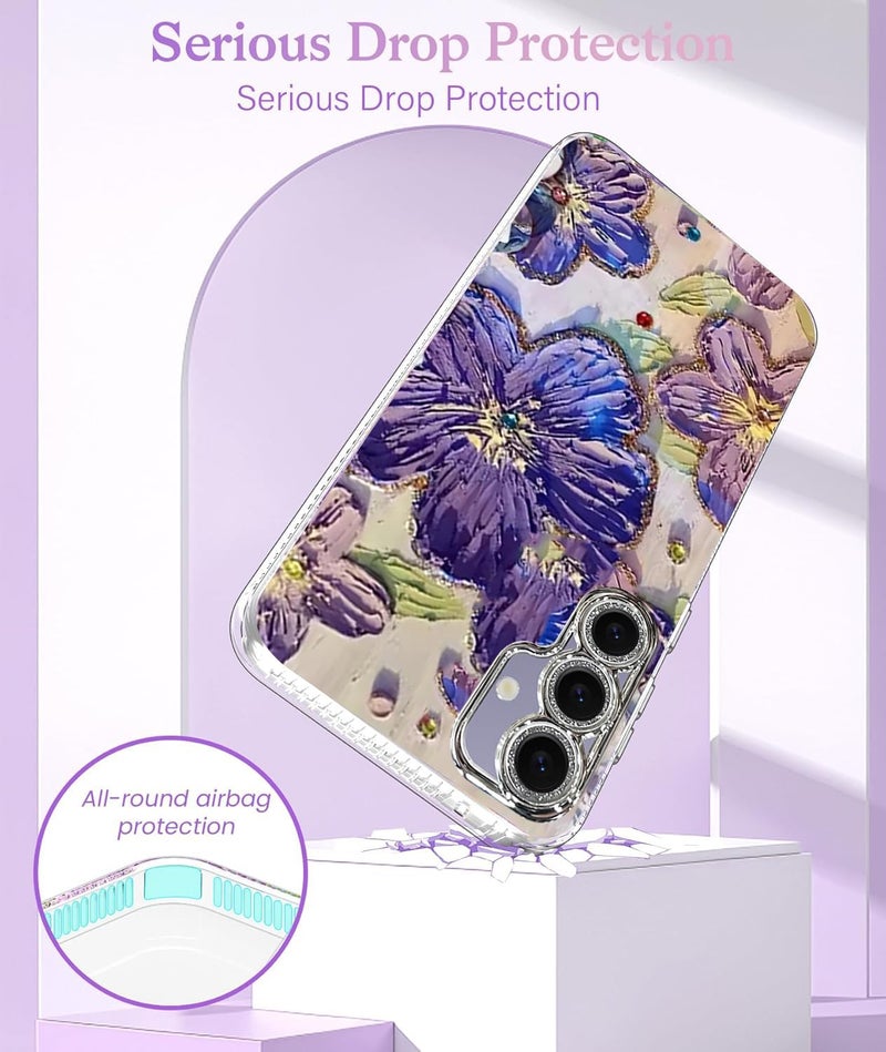 Elzzi حافظة متوافقة مع سامسونج S24 FE 5G بتصميم زهرة ليزر زيتية ملونة جميلة مع حماية كاملة للكاميرا، صدمة PC+TPU غلاف لامع للبنات والنساء، بنفسجي - Image 3