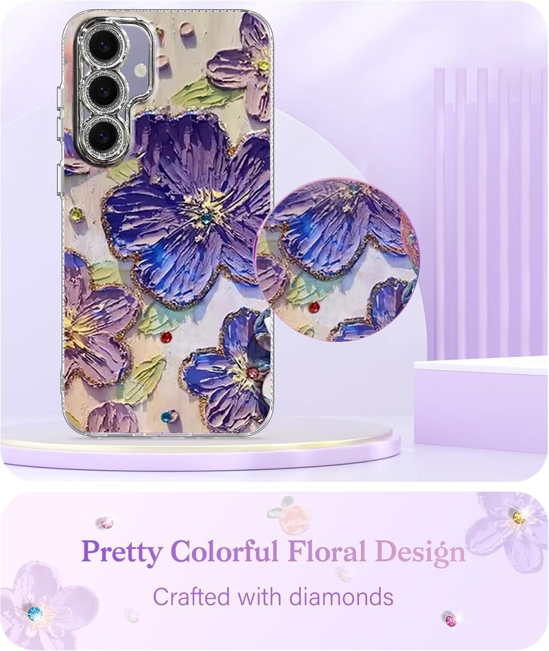 Elzzi حافظة متوافقة مع سامسونج S24 FE 5G بتصميم زهرة ليزر زيتية ملونة جميلة مع حماية كاملة للكاميرا، صدمة PC+TPU غلاف لامع للبنات والنساء، بنفسجي - Image 5