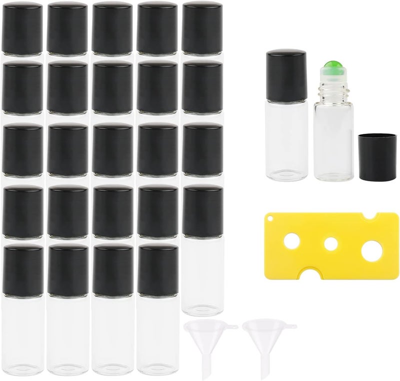 NewZoll 26Pcs 3ml Glass Roller Bottles, Clear Mini Glass Roll-on Bottles with Opener & 2 Funnels, Empty Sample Roller Vials for Essential Oil Perfume Fragrance Aromatherapy, Green