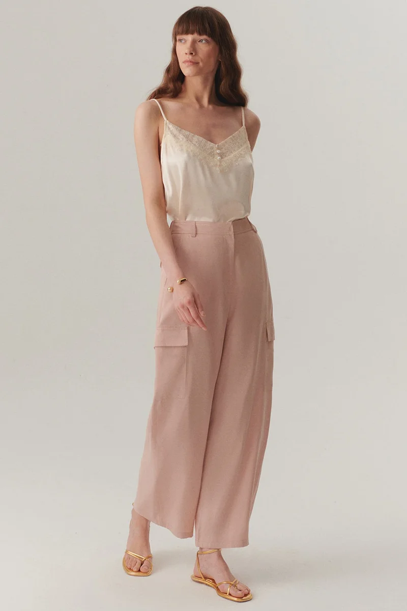 EXQUISE High-Waisted Modal Fabric Powder Pink Cargo Pants