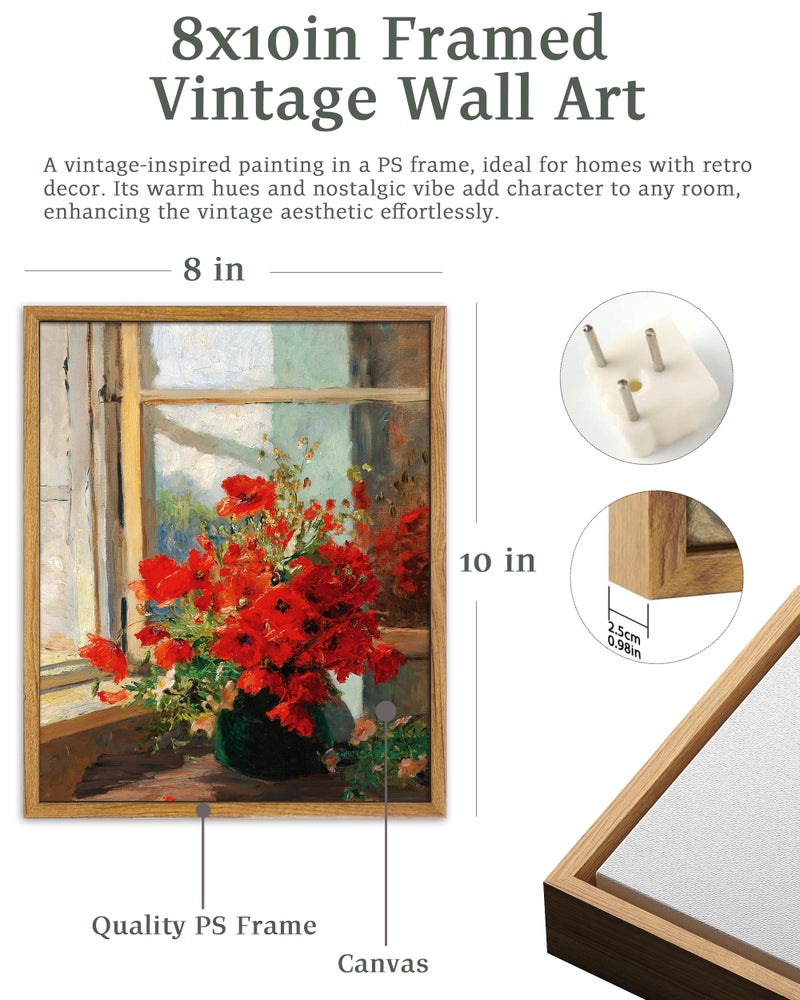 UPWOIGH Red Poppies Framed Wall Art Vintage Wall Art Modern Farmhouse Decor  Red Flowers Print  Antique Wall Decor 8x10in - Image 2