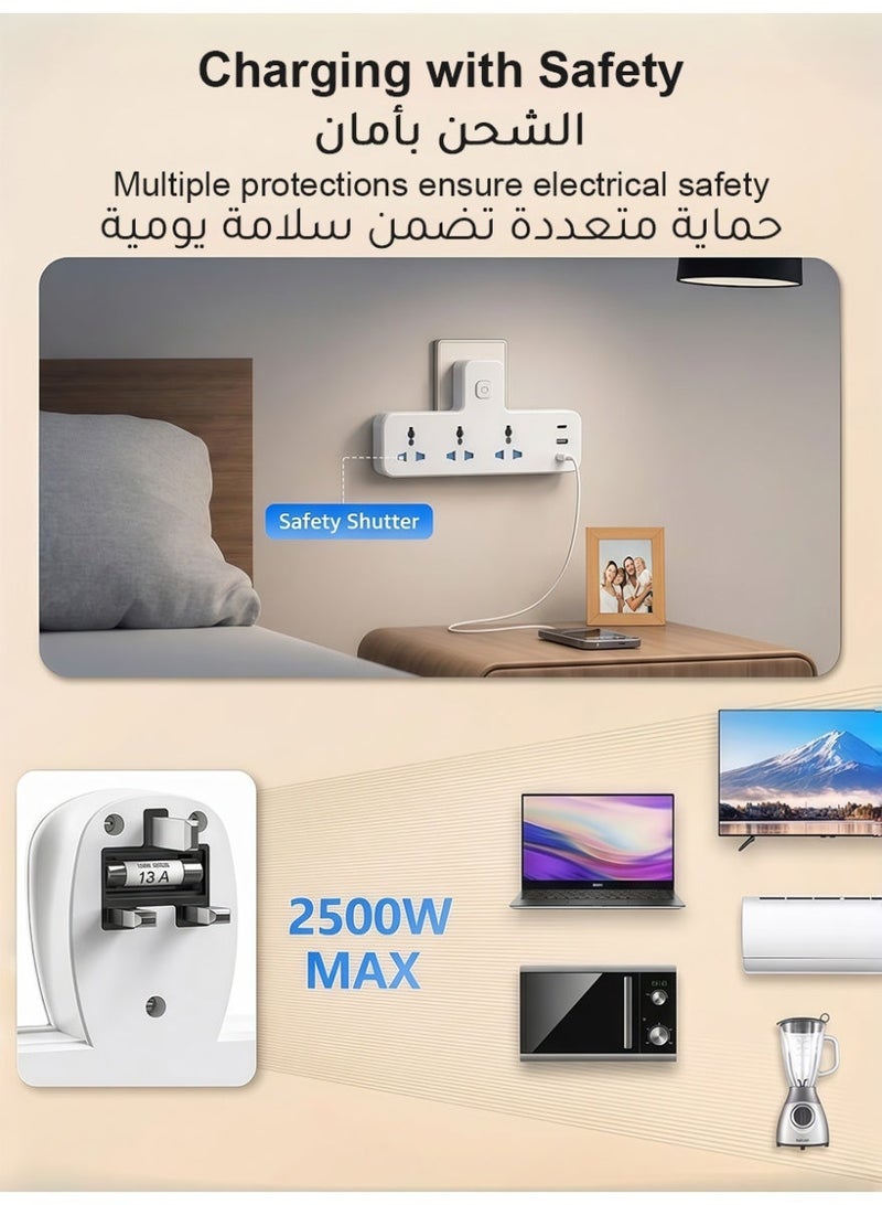 AMIJOY 6 IN 1 Electrical Connection, Multi Plug Extension Socket with 3 Way Triple Plug Electrical Outlet Extender, Wall-Mounted Power Strip, Multiple Plug Adapter, Electric Board Socket for Home, Office, Kitchen - Image 3