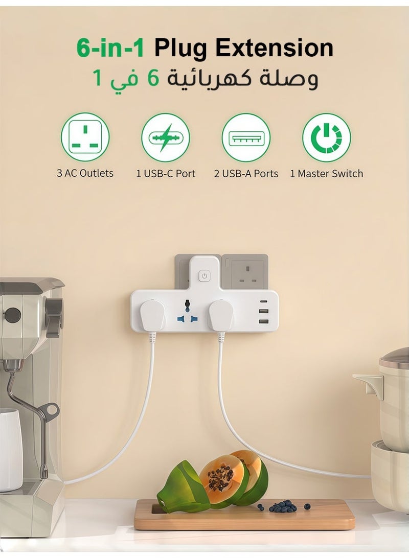 AMIJOY 6 IN 1 Electrical Connection, Multi Plug Extension Socket with 3 Way Triple Plug Electrical Outlet Extender, Wall-Mounted Power Strip, Multiple Plug Adapter, Electric Board Socket for Home, Office, Kitchen - Image 2