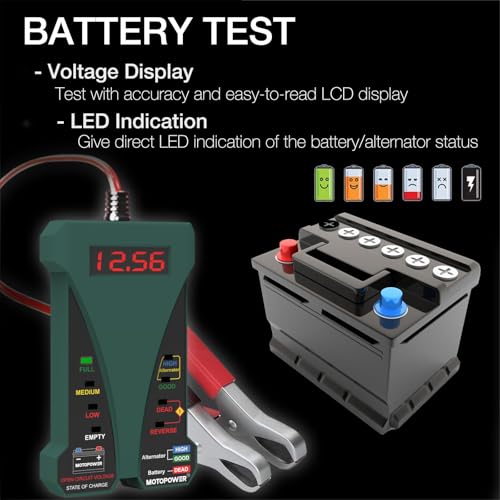 MOTOPOWER MP0514E 12V Digital Car Battery Tester Voltmeter and Charging System Analyzer with LCD Display and LED Indication - Midnight Green Rubber Paint - Image 3