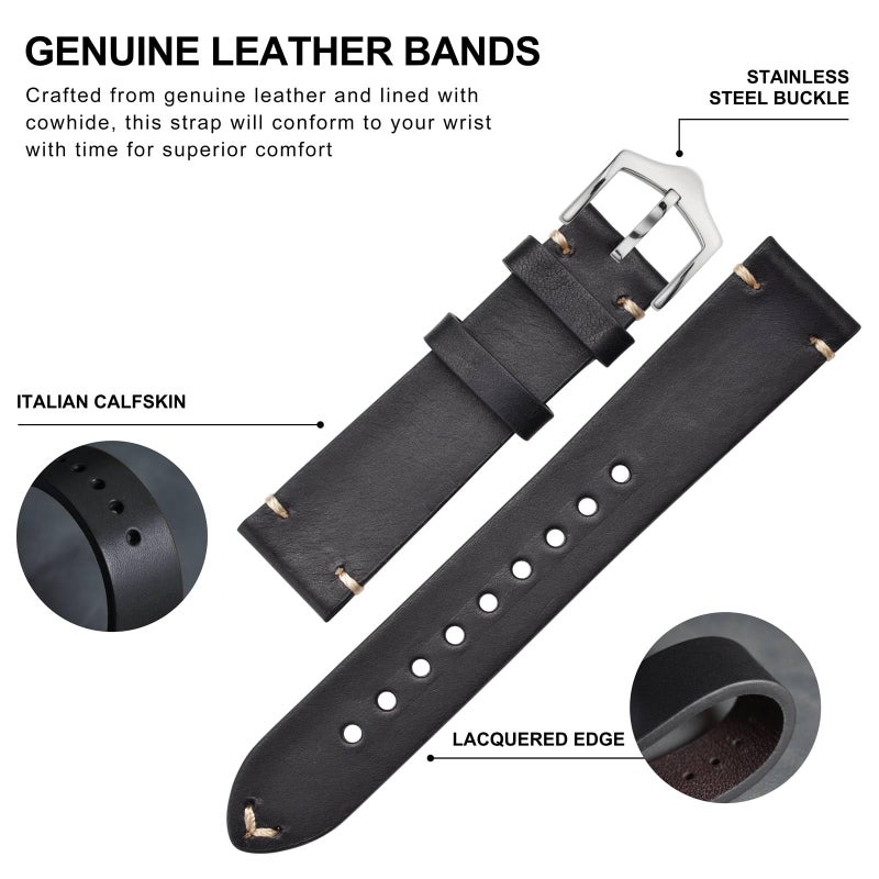 BISONSTRAP Men's Watch Bands, Hand-Stitched Leather Watch Straps, Quick Release, 20mm, Black with Silver Buckle - Image 4