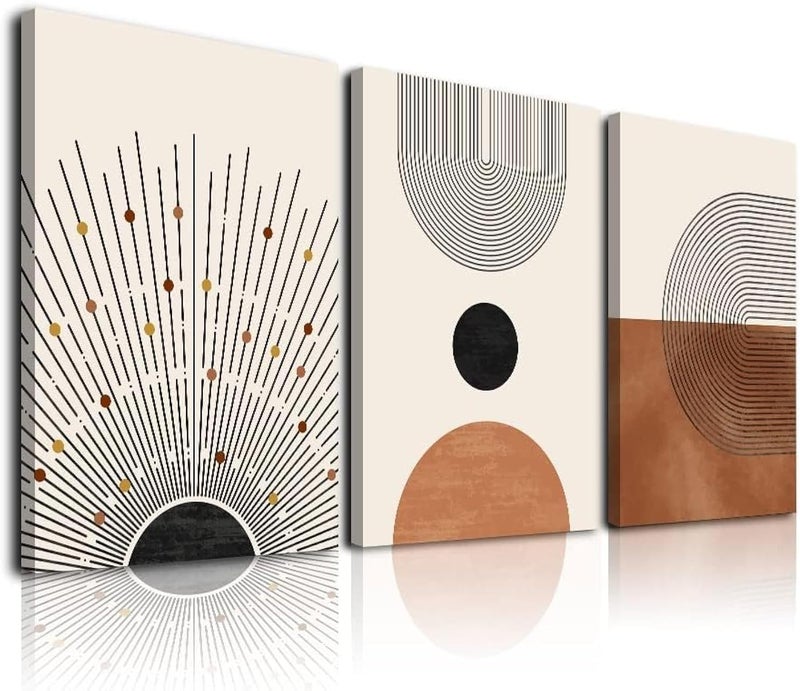 KBKBART Global standard quality Abstract Boho Wall Art, Mid-Century Modern Wall Prints, Framed Canvas Wall Art for Living Room, Minimalist Neutral Beige Brown Sun Geometry Black Line Artwork Paintings, Modern Boho Room Decor Ready Wide usage compatibility - Image 1