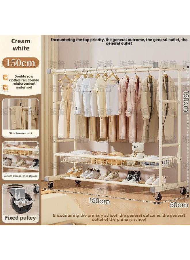 Thickened Double-Layer Coat Rack Floor Drying Rack Bedroom Household Removable Hanger Clothes And Shoes Storage Rack-Color:Ins Cream Style-white_ Double Layer 150+ Wheels  - Image 1