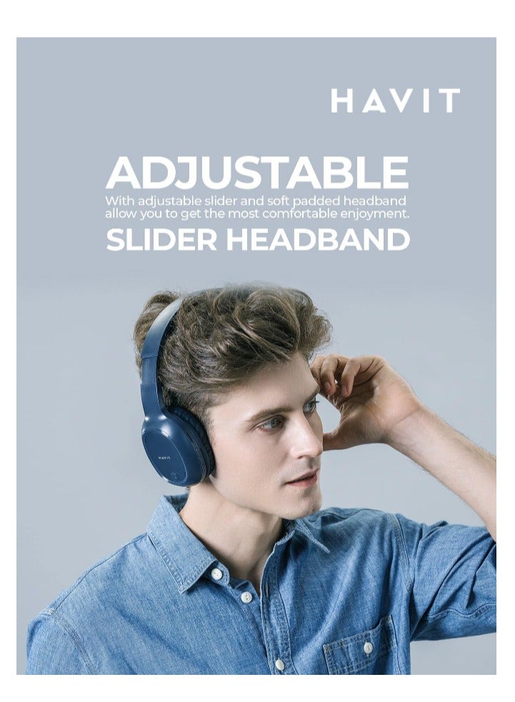 havit Wireless Bluetooth Headphones - Multifunctional Headset with 40mm Dynamic Drivers for Hi-Fi Quality Sound, Micro SD/TF Card Slot, FM Radio, AUX Input, Hands-Free Calling, Multi-Device Pairing, Adjustable Headband, Foldable and Lightweight Design, Fast Charging, Up to 14 Hours Battery Life, Rich Stereo Sound, Versatile Connectivity, Compatible with iOS and Android (Red) - Image 4