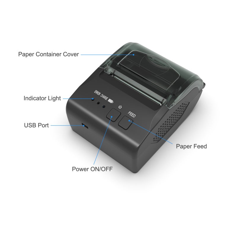 طابعة إيصالات: طابعة حرارية بلوتوث محمولة صغيرة زرقاء مقاس 58 مم - طابعة محمولة مع توصيل لاسلكي USB وبطارية سعة 2000 مللي أمبير للساعات، للشركات الصغيرة والمطاعم والمتاجر التجارية - Image 4