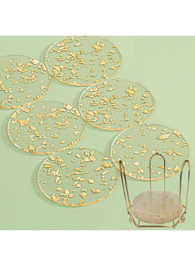 The Bros Coasters set of 6 with holder, Acrylic Gold Coasters for drinks, Clear round coasters, Tabletop Protection and Accessories Display, Suitable for Kinds of Cups, 3.74 Inches - Image 1