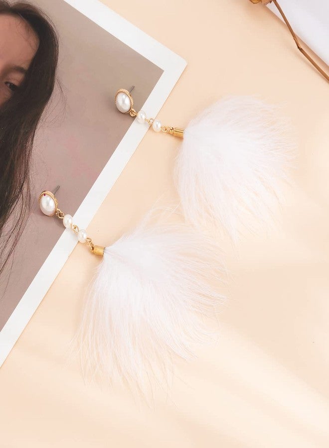 Rannyrena Fluffy Feather Drop Dangle Earrings Vintage Pearl Flocked Feather Tassel Earrings Long Statement Ear Accessories for Women (White) - Image 3