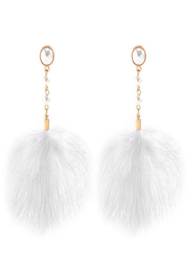 Rannyrena Fluffy Feather Drop Dangle Earrings Vintage Pearl Flocked Feather Tassel Earrings Long Statement Ear Accessories for Women (White) - Image 2
