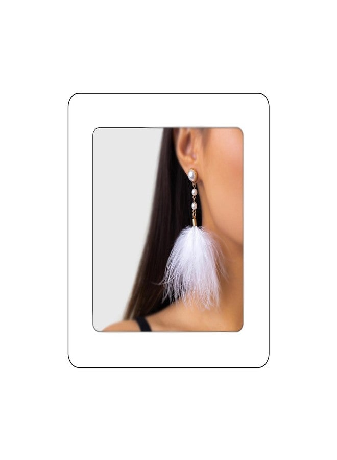 Rannyrena Fluffy Feather Drop Dangle Earrings Vintage Pearl Flocked Feather Tassel Earrings Long Statement Ear Accessories for Women (White) - Image 1