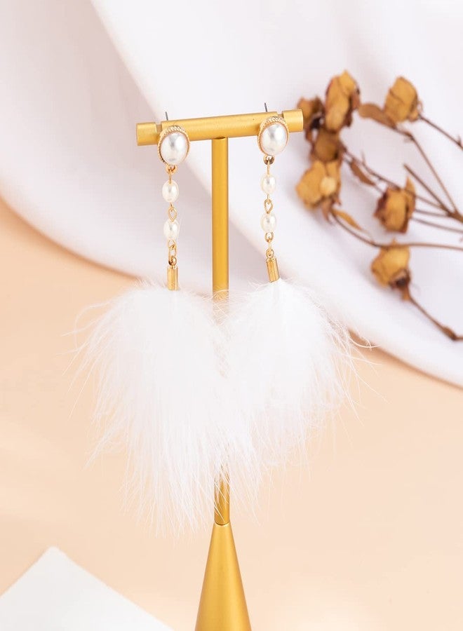 Rannyrena Fluffy Feather Drop Dangle Earrings Vintage Pearl Flocked Feather Tassel Earrings Long Statement Ear Accessories for Women (White) - Image 4