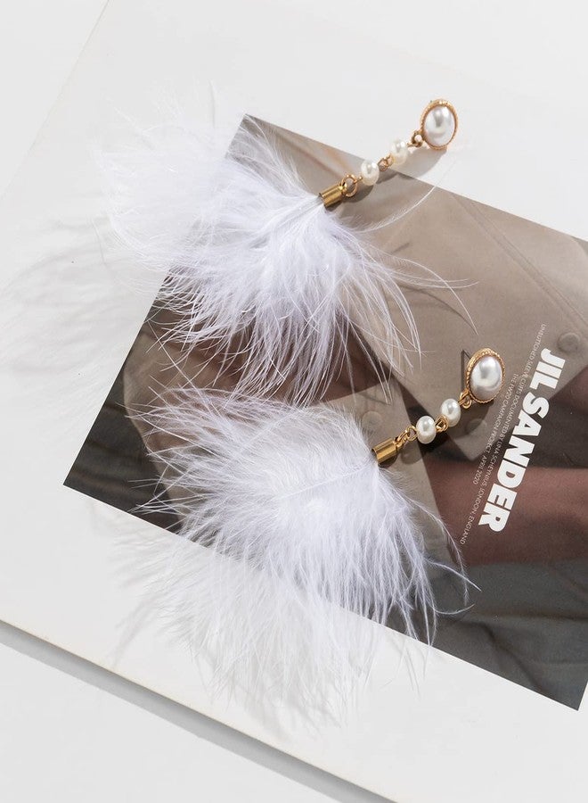 Rannyrena Fluffy Feather Drop Dangle Earrings Vintage Pearl Flocked Feather Tassel Earrings Long Statement Ear Accessories for Women (White) - Image 5